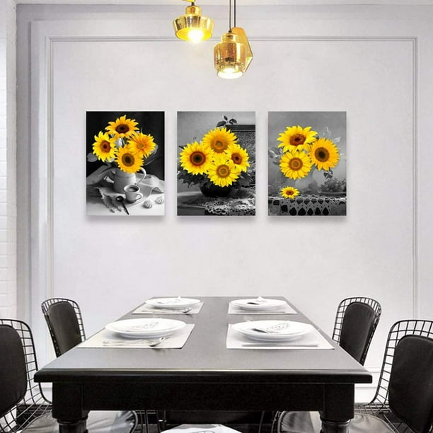 Pictures for Bathroom Sunflower kitchen Decor Flower Pictures on Canvas DVQ ART Contemporary Art for Living Room Stretched Painting Ready to Hang for Home Decorations 12X16inchx3Pcs